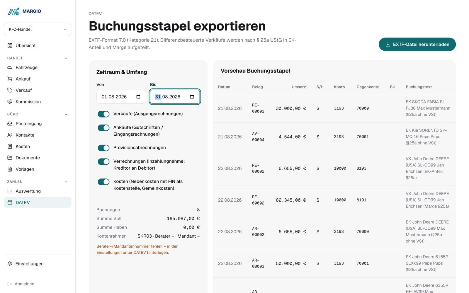 DATEV-Export mit Vorschau des Buchungsstapels